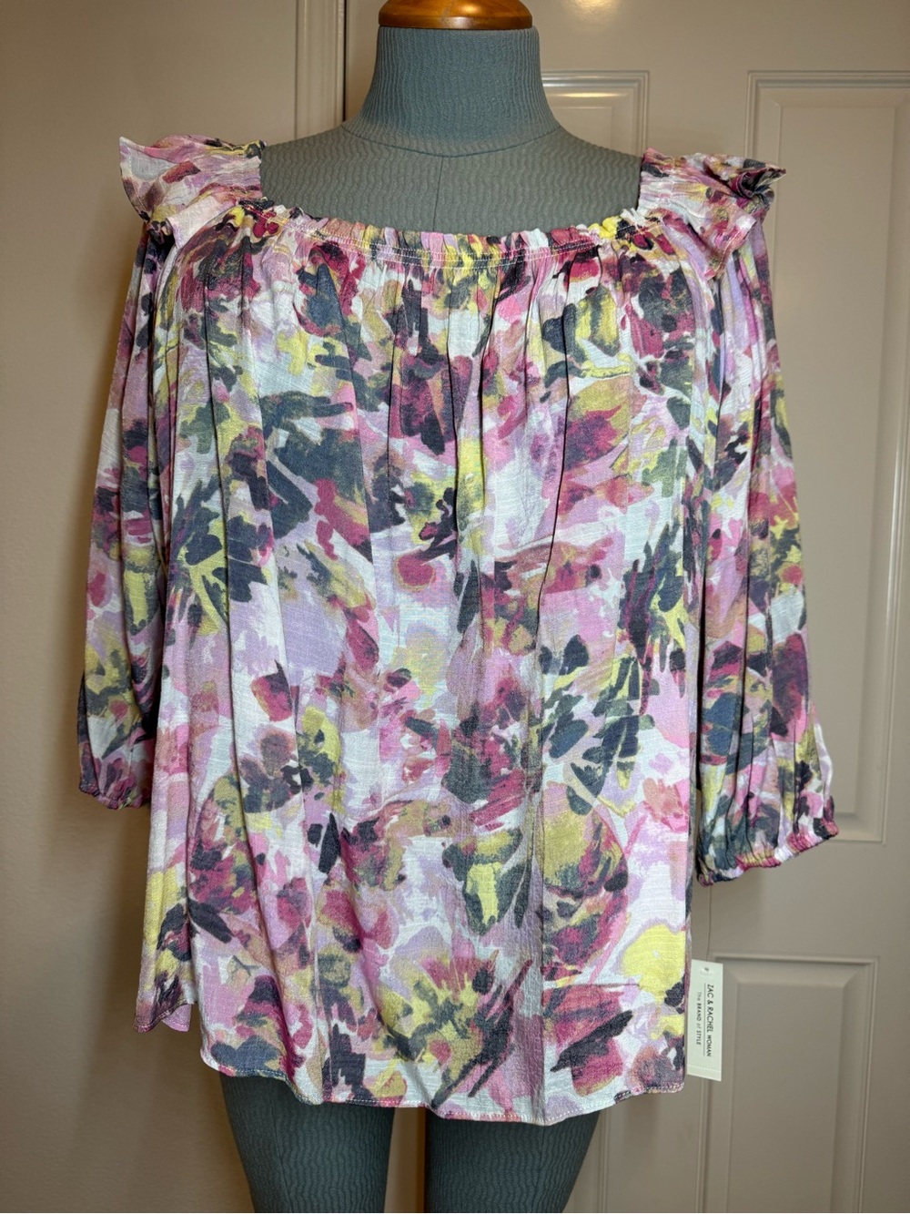 Floral Blouse Top plus size 2X Pretty Pink Yellow Charcoal White